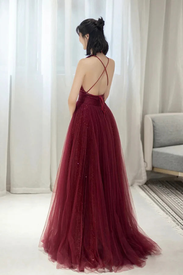 Wholesale Burgundy Tulle Long A-Line Prom Dress V-Neck Backless Evening Party Dress